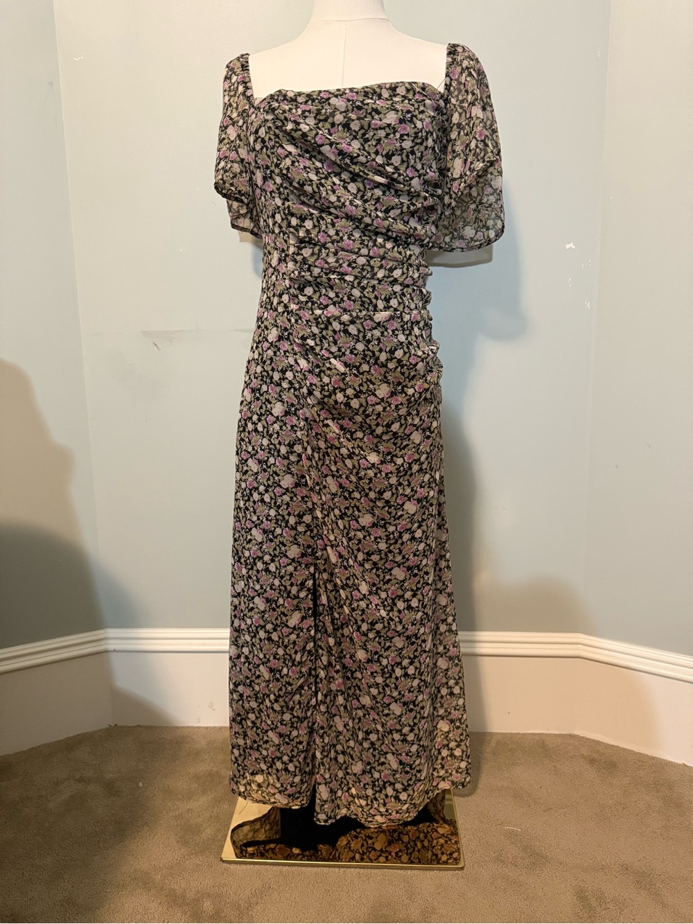 Astr Black Floral Square-Neck Maxi Dress with Pink Accents